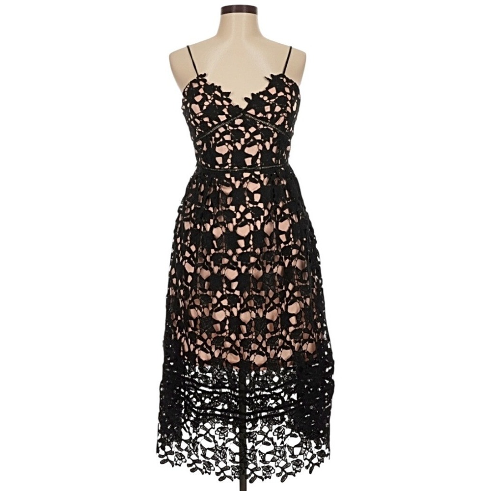 Self-Portrait Azaelea Lace Midi Dress Black Spaghetti Strap A-Line SZ 8 Medium
